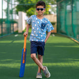 A boy wearing Blue block print cotton shirt with contrast pocket