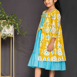Mustard overcoat and blue lurex frock girls