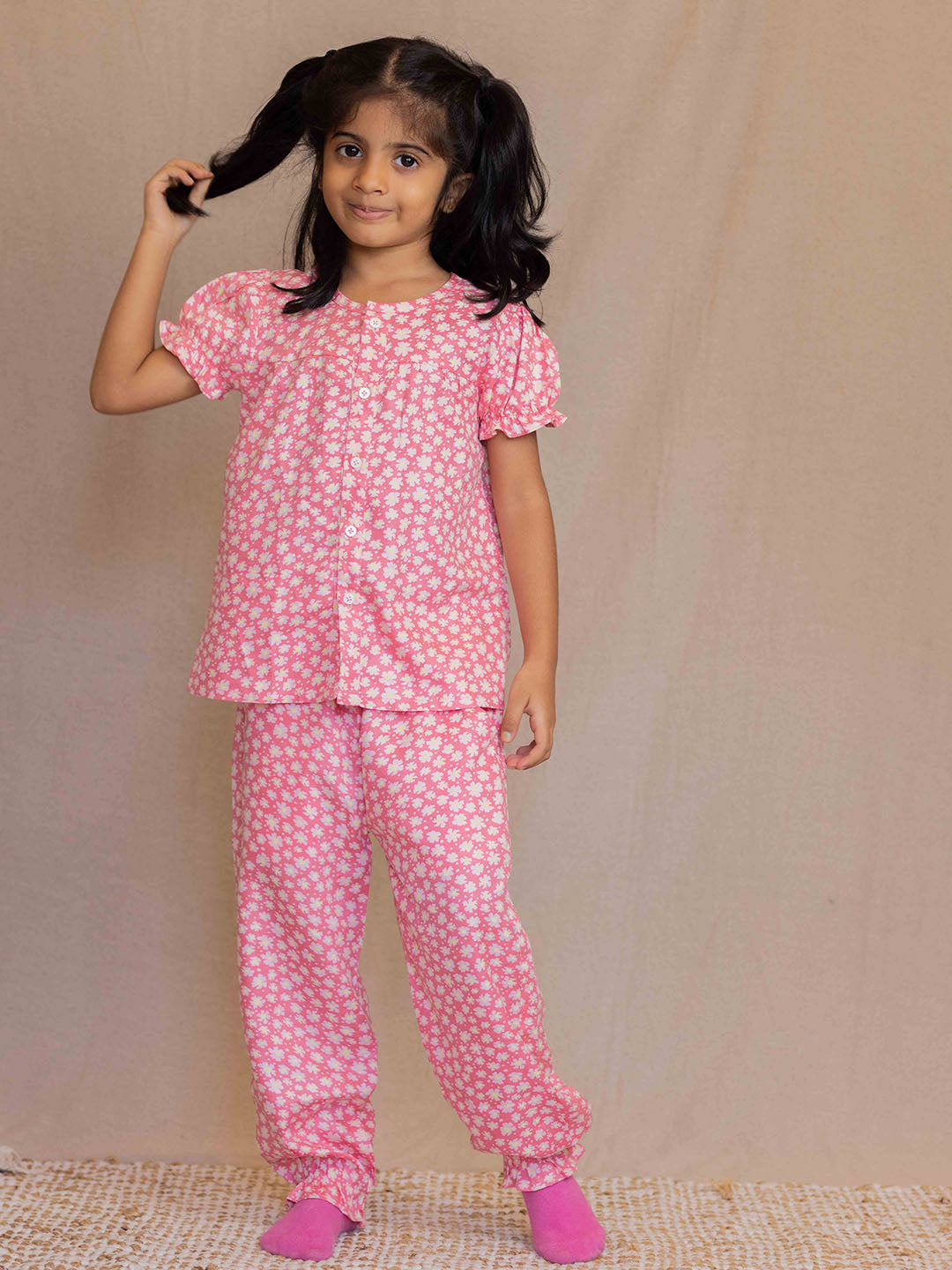 Pajama Hot Night Suit For Girls Pink Flowers Printed Night Suit Girls