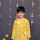 Yellow and white embroidered kurta set for boys