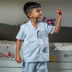 Blue Dobby Cotton Pajama Set with embroidery