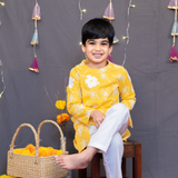 Yellow and white embroidered kurta set for boys
