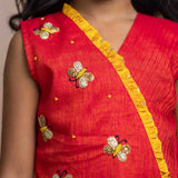 Red Blouse with butterfly embroidery and Mustard Skirt