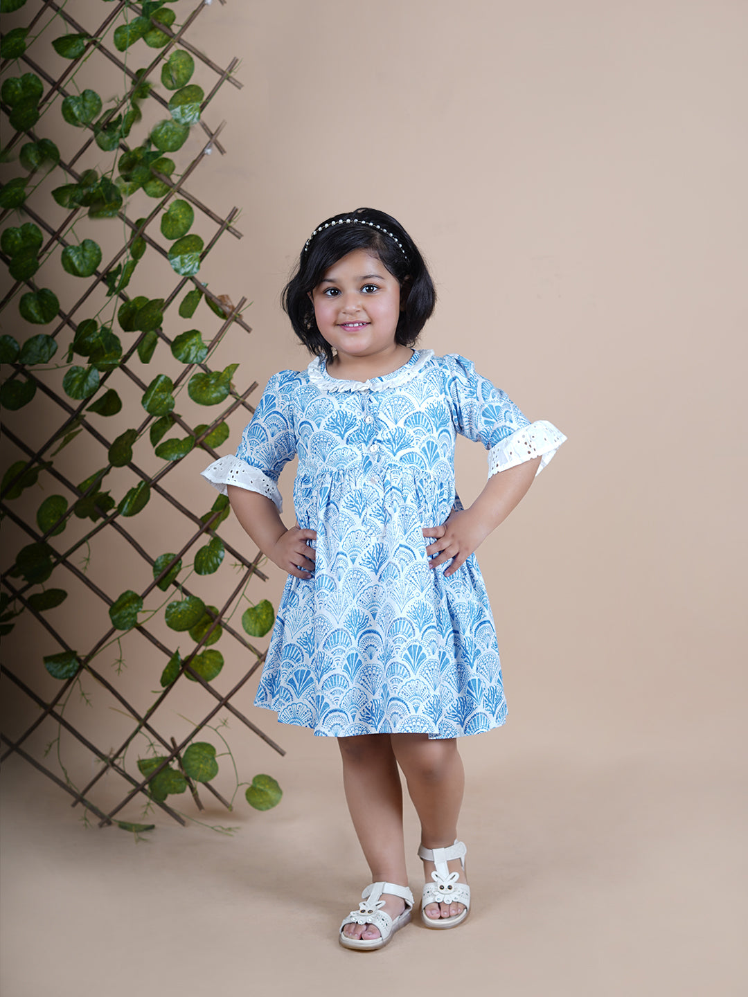 Little Llama White and Blue Knee Length Sea Shell Print Cotton Dress littlellama.in Little Llama White and Blue Knee Length Sea Shell Print Cotton Dress littlellama.in