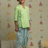 Green jacquard and foil print dhoti set for boys