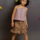 Pink checks top and brown skirt
