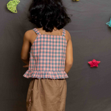 Pink checks top and brown skirt