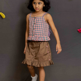 Pink checks top and brown skirt