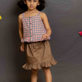 Pink checks top and brown skirt
