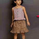 Pink checks top and brown skirt