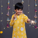 Yellow and white embroidered kurta set for boys