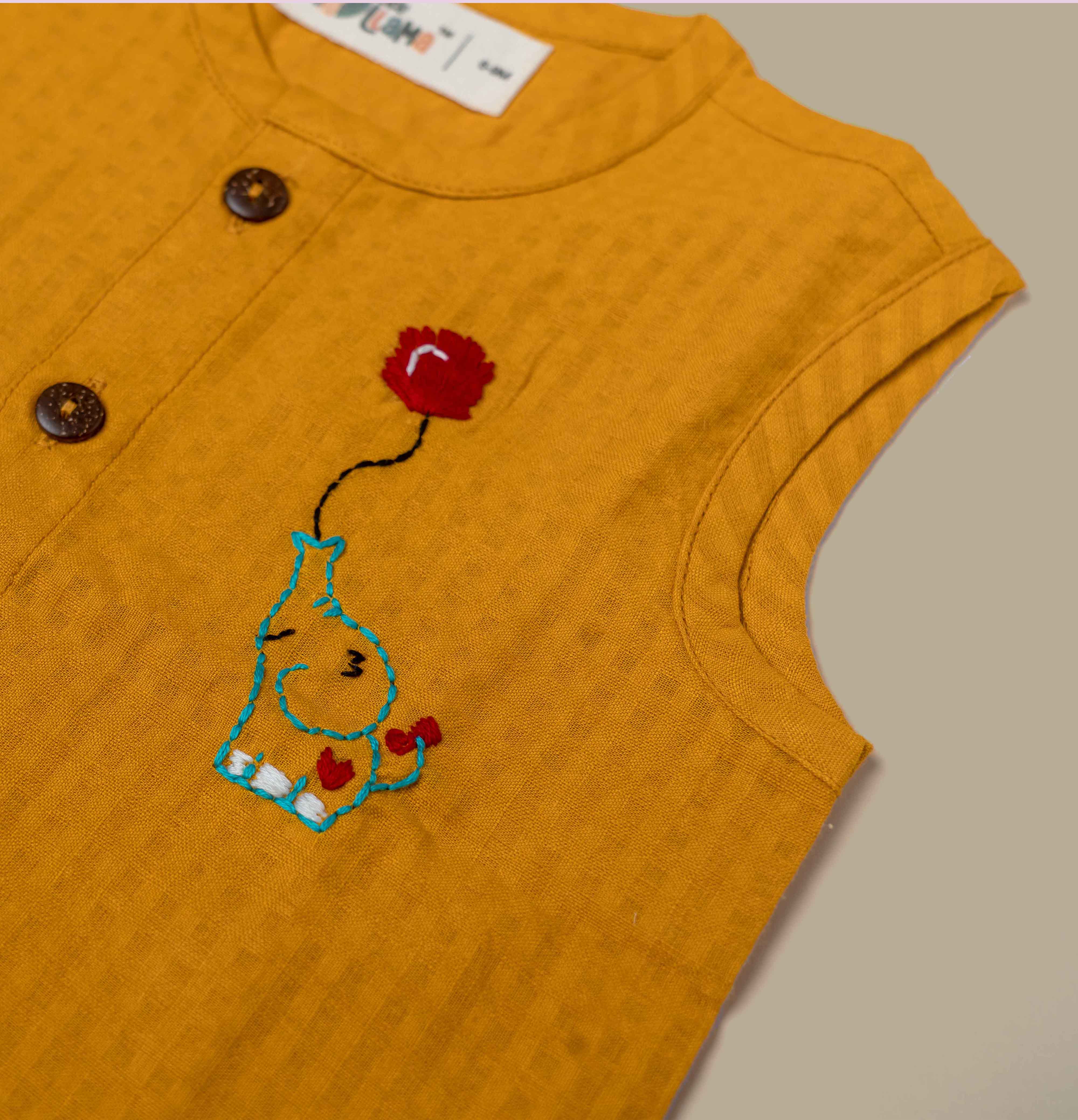 Yellow cotton Jabla with elephant embroidery