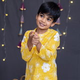 Yellow and white embroidered kurta set for boys