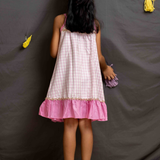 Pink gingham strappy frock with lace trim