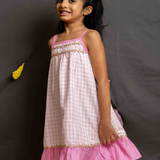 Pink gingham strappy frock with lace trim
