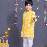 Yellow and white embroidered kurta set for boys