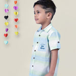 Boy wearing Blue Stripes shirt with Big Vibes written on It