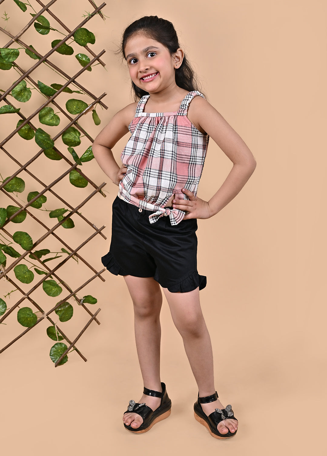 Checks Top and Black Shorts For Girls - Main Image
