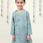 Boy wearing Green Blockprint cotton angrakha style kurta