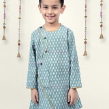 Boy wearing Green Blockprint cotton angrakha style kurta