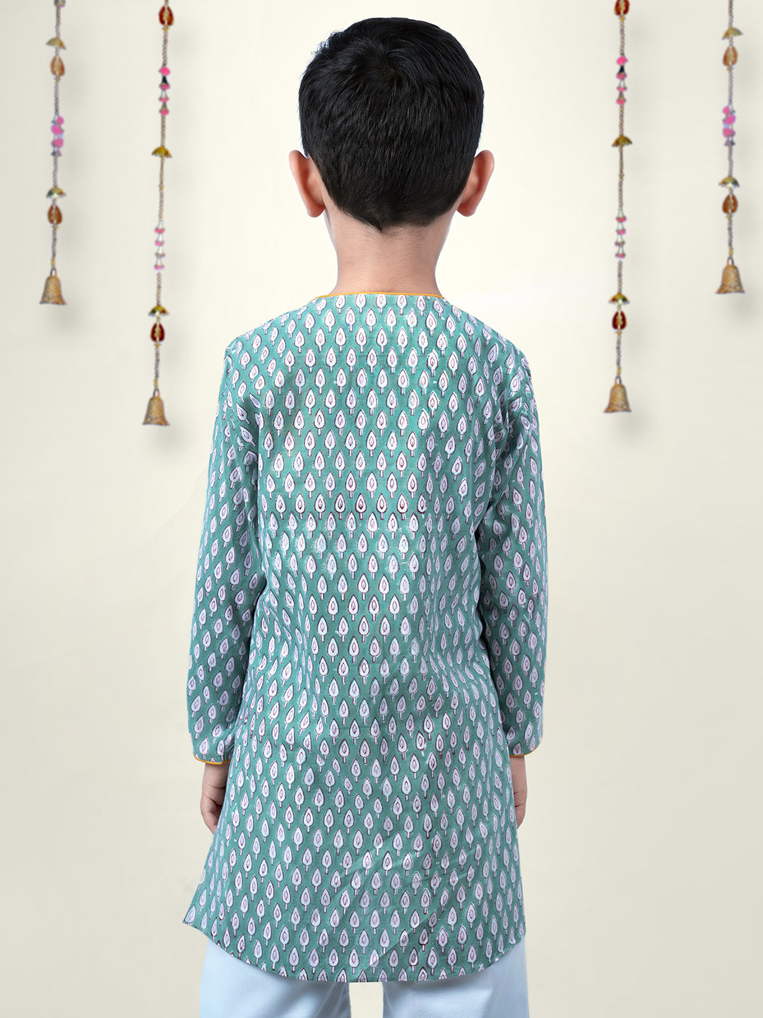 Boy wearing Green Blockprint cotton angrakha style kurta