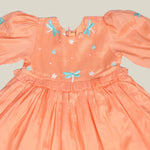 Dragon flies embroidered  orange cotton frock