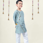 Boy wearing Green Blockprint cotton angrakha style kurta