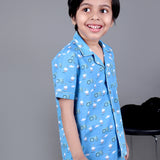 Boy wearing Blue Cotton night suit with ducks printed on it