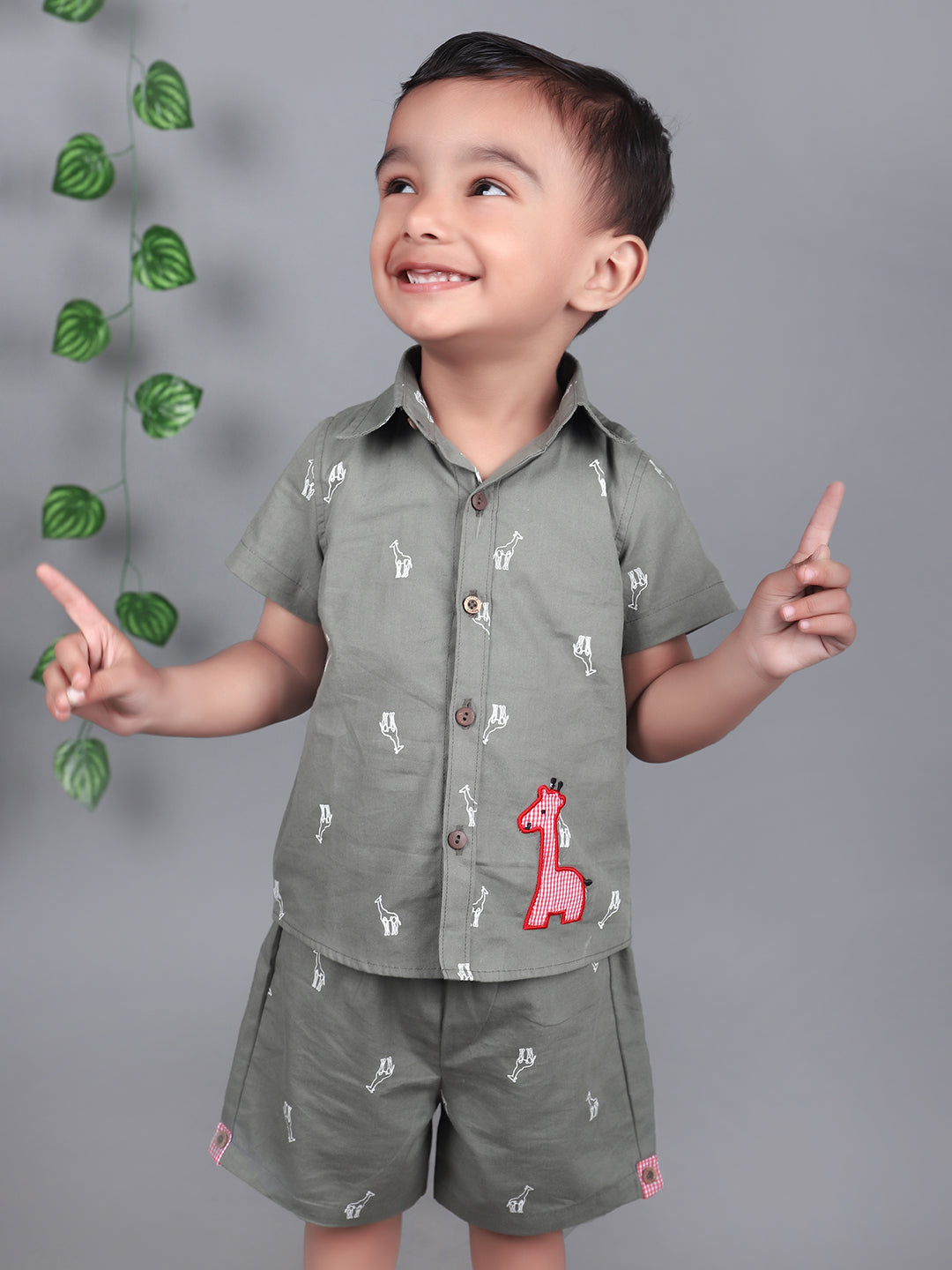 Baby Boy wearing giraffes printed shirt and shorts