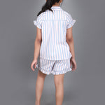 A girl wearing Blue striped cotton night dress with shorts