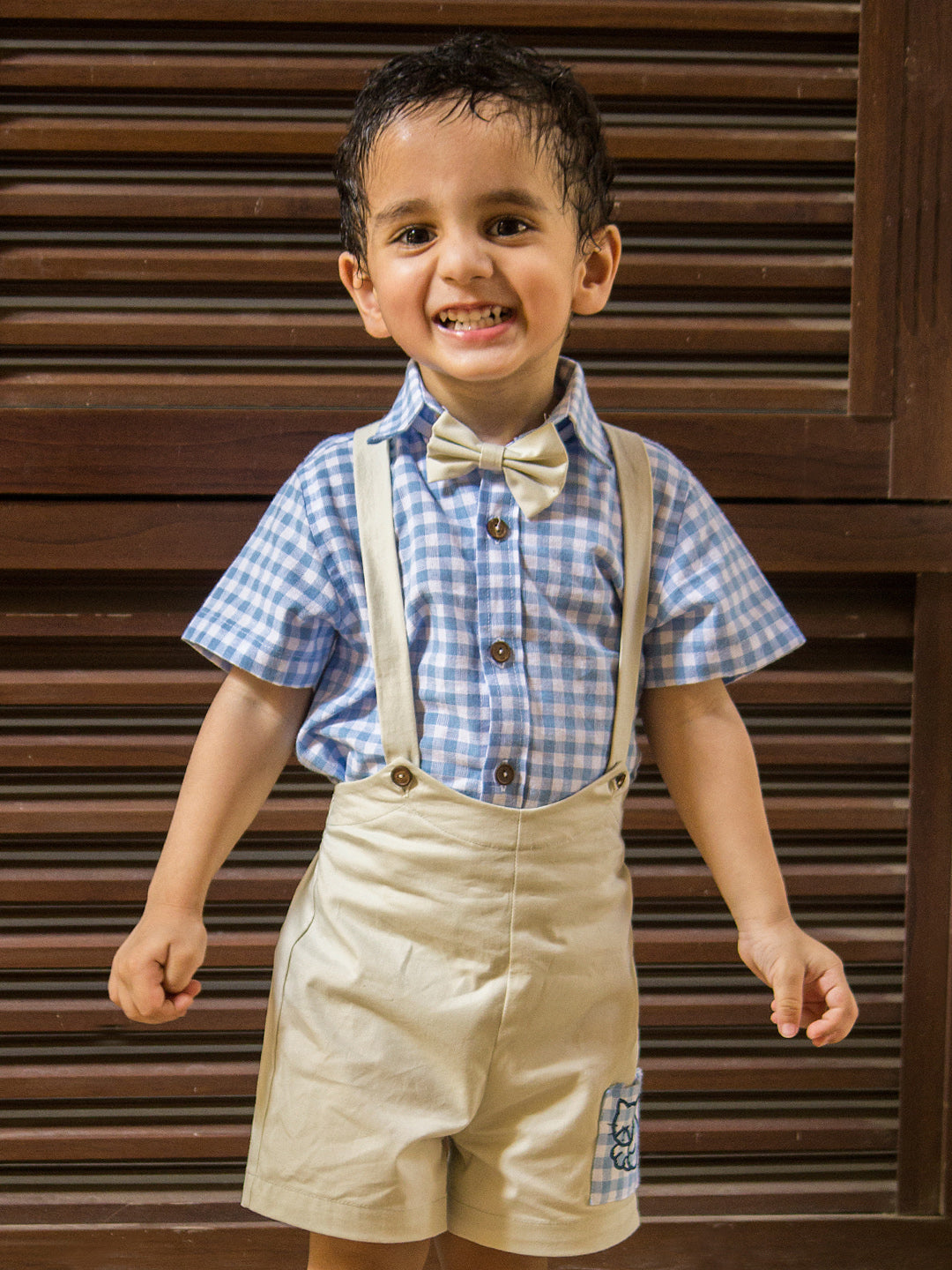 Off White Suspender shorts with Check Shirt for Baby Boys