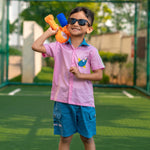 Candy Pink Boy wearing Candy pink Aeroplane shirt & light Denim Shorts