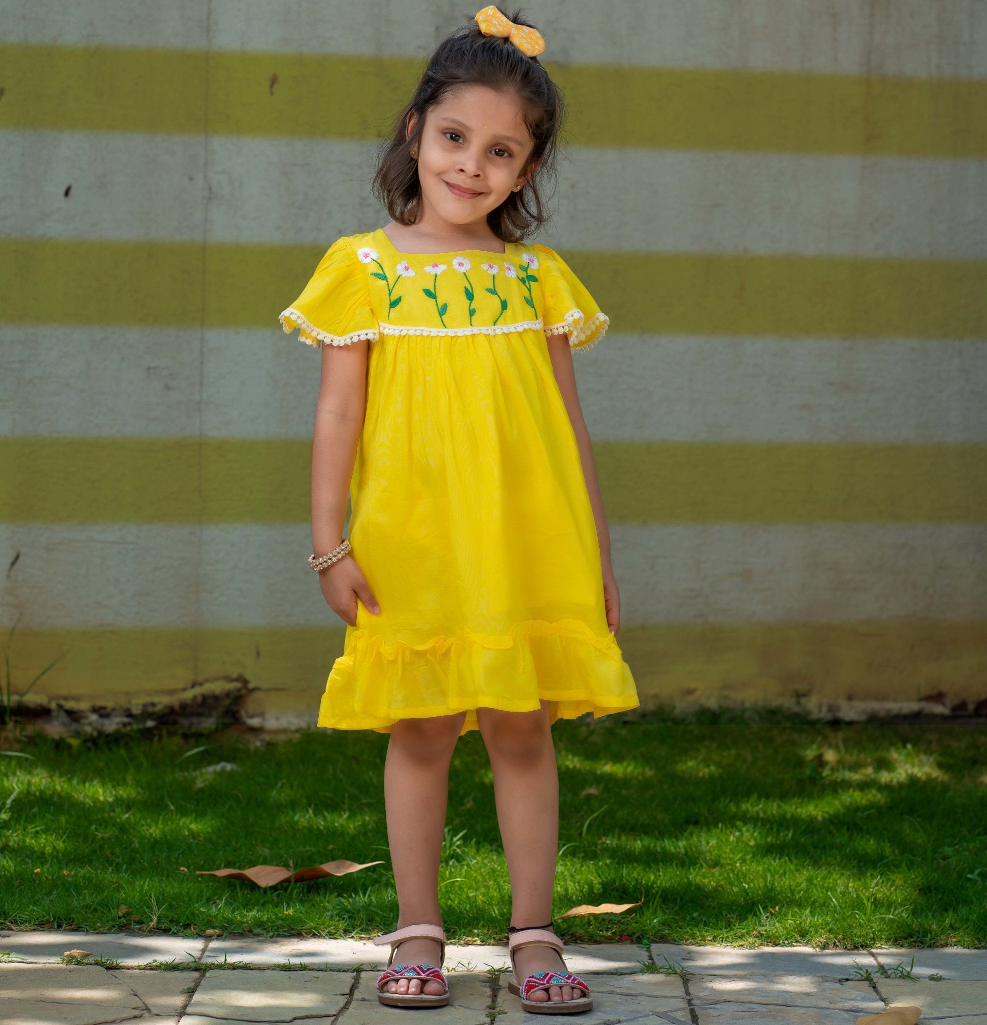 Yellow Flowers Hand Embroidery Frock - littlellama.in