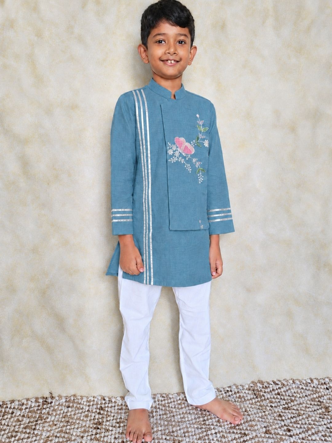 Blue chanderi boys kurta set
