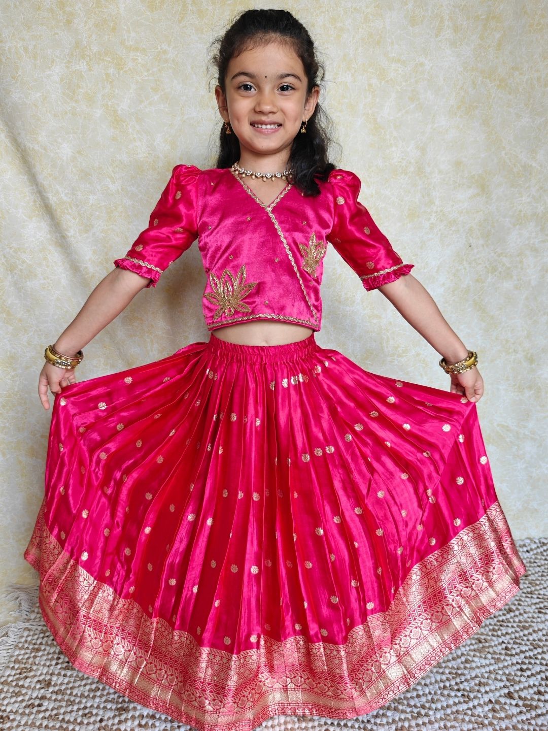 Pink silk lotus lehenga set