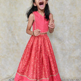 Pinkish red girls tissue lehenga set