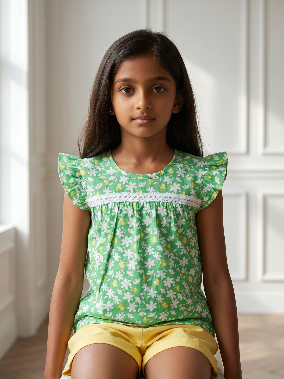 Green floral top and yellow shorts
