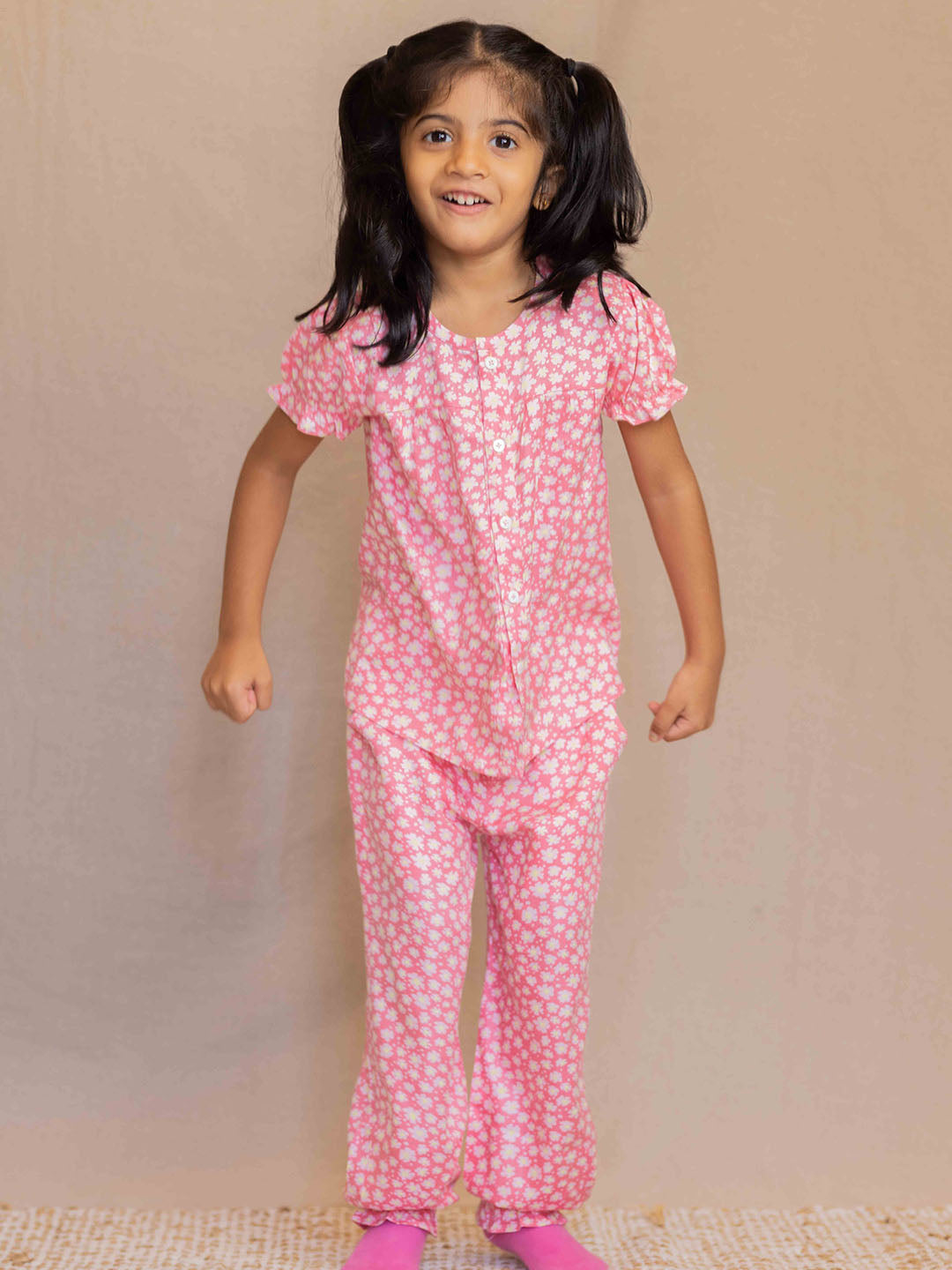 Pink Flowers Printed Night Suit Girls – - Main Image