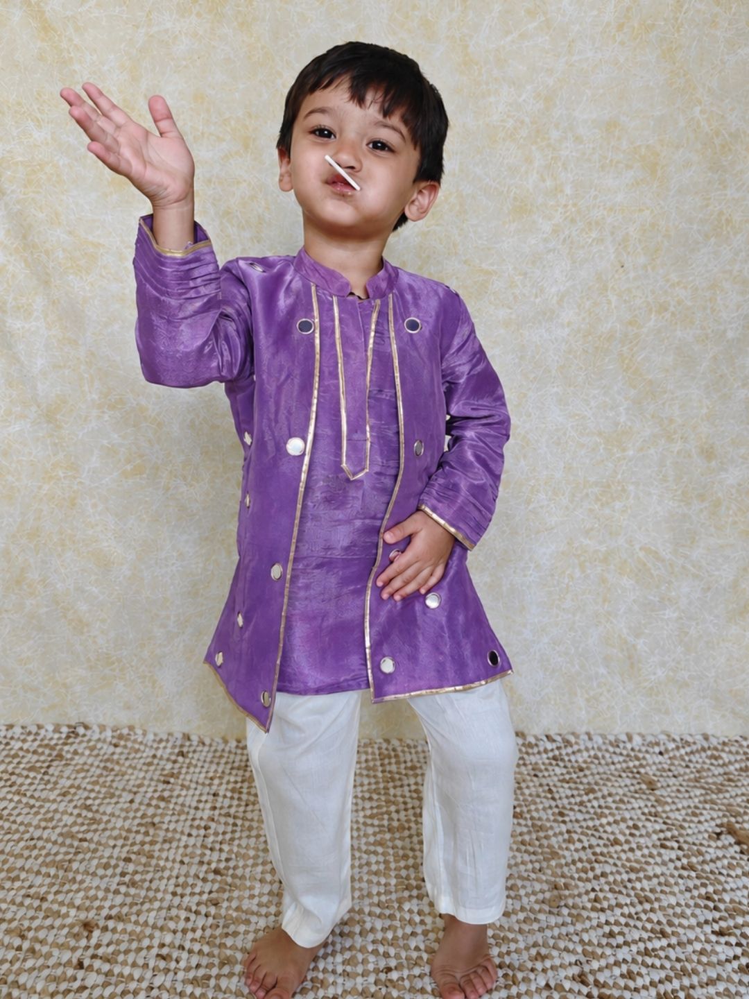 Purple tissue mirror boys kurta set