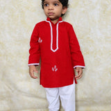 Red pearl work boys kurta set