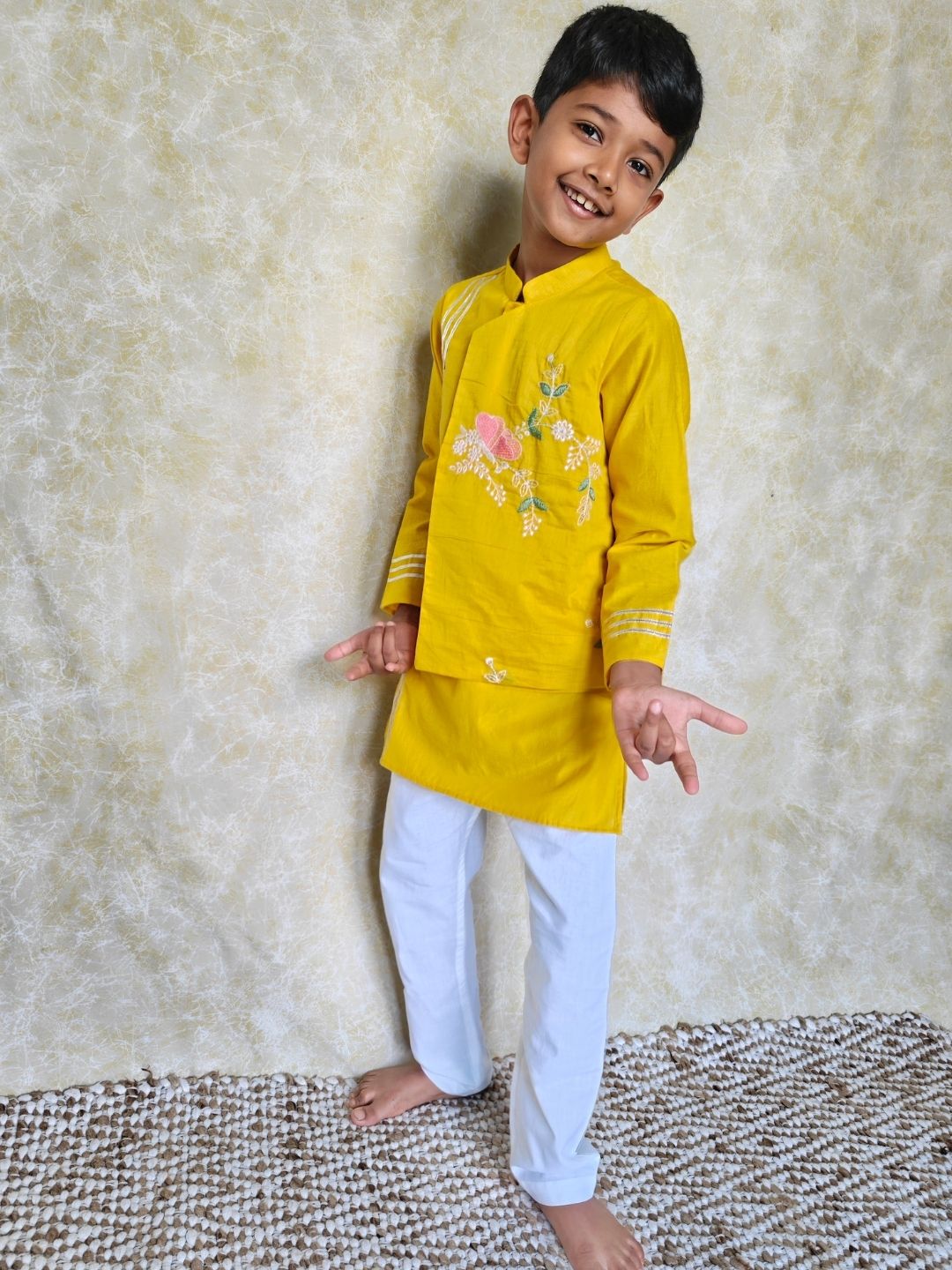 Yellow chanderi boys kurta set