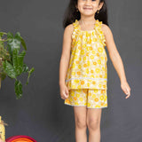Yellow Floral Print Cotton Coord Set Girls