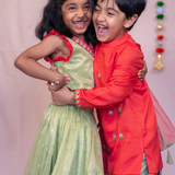 Red and green boys boat dhoti set