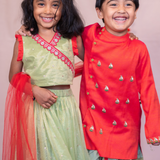 Red and green boys boat dhoti set