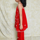 Red pearl work girls kurta set