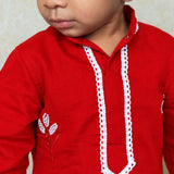 Red pearl work boys kurta set