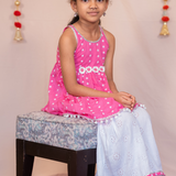 Pink and white embroidery sharara set