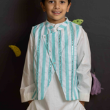 White kurta set for boys with blue mirror bandhgala