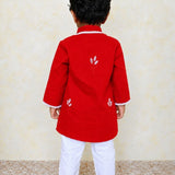 Red pearl work boys kurta set