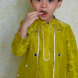 Green tissue mirror boys kurta set